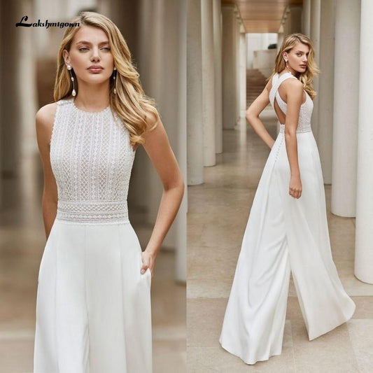 NumberSea White Wedding Jumpsuit Beach Wedding Dresses O Neck Floor Length Boho Wedding Gowns Outfit Customize lace Robe De Soiree