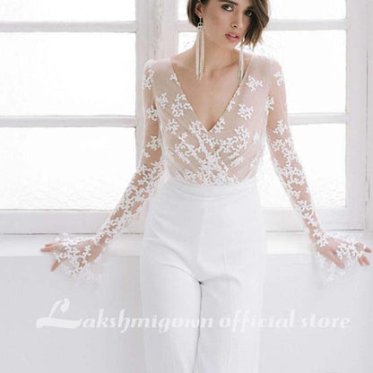 NumberSea White Wedding Jumpsuit Beach Wedding Dresses V Neck Long Sleeve