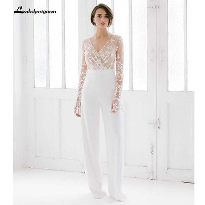 NumberSea White Wedding Jumpsuit Beach Wedding Dresses V Neck Long Sleeve