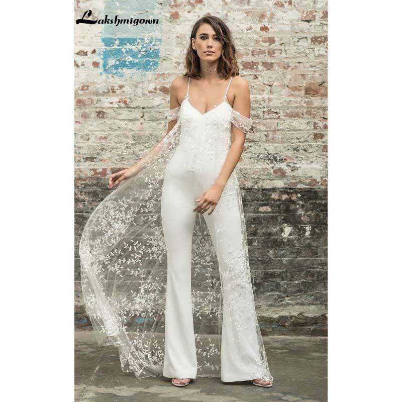 NumberSea White Wedding Jumpsuit Beach Wedding Dresses With Cape