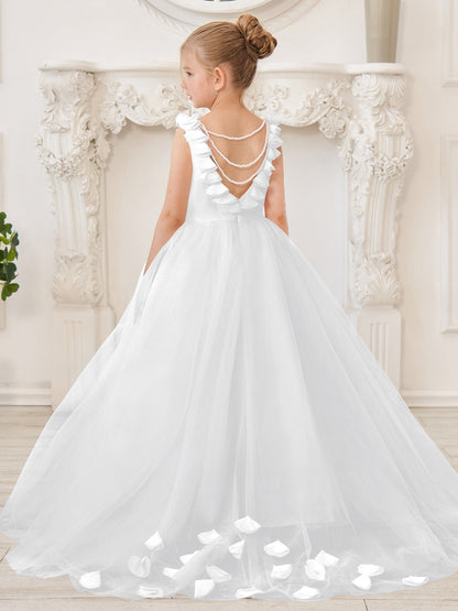 Elegant White Tulle Flower Girl Dress with Sweep Train