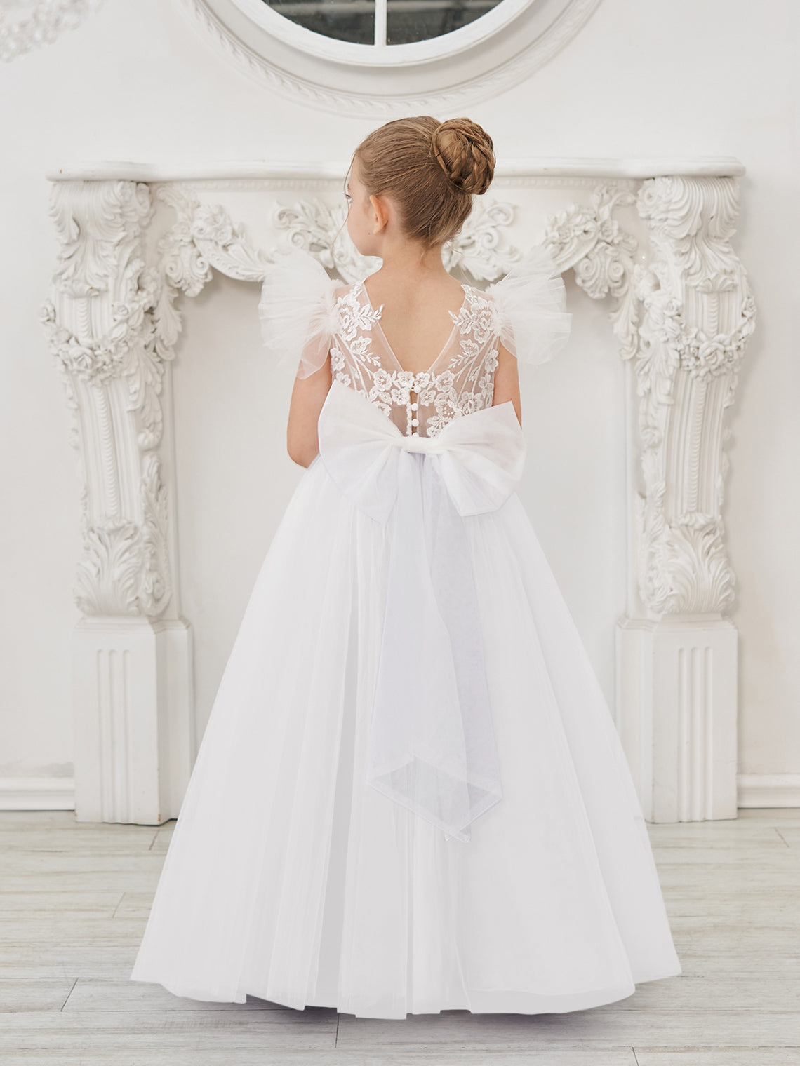 Detachable  Lace Tulle Sweep Train Flower Girl Dress