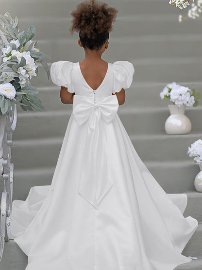 Puff Sleeve Bow Button Back Sweep Train Flower Girl Dress