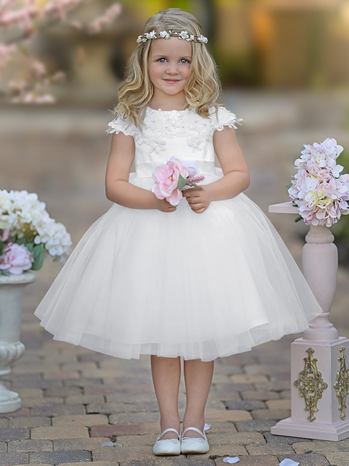 Satin Tulle Tea-length Ivory First Communion Flower Girl Dress