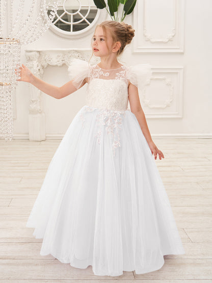 Detachable  Lace Tulle Sweep Train Flower Girl Dress