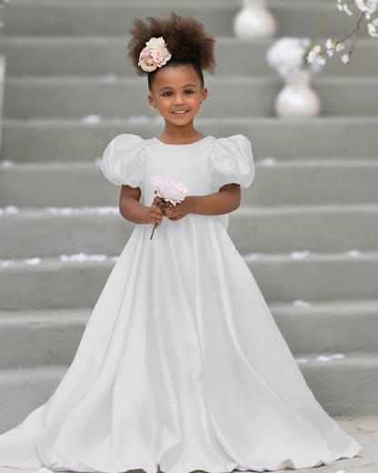 Puff Sleeve Bow Button Back Sweep Train Flower Girl Dress