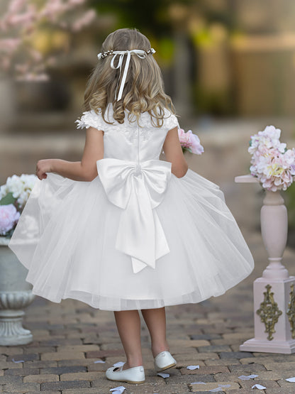 Satin Tulle Tea-length Ivory First Communion Flower Girl Dress