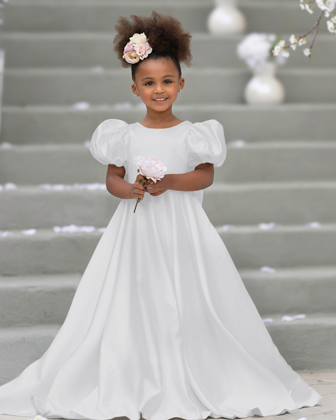 Puff Sleeve Bow Button Back Sweep Train Flower Girl Dress