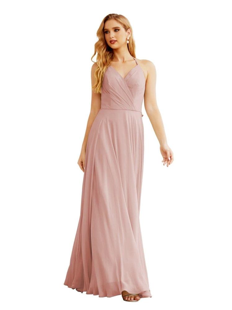 NumberSea - Women's Halter Chiffon Bridesmaid Dresses Wedding Apparel Long Sleeveless Formal Prom Dress with Ruffled Back SEA28035