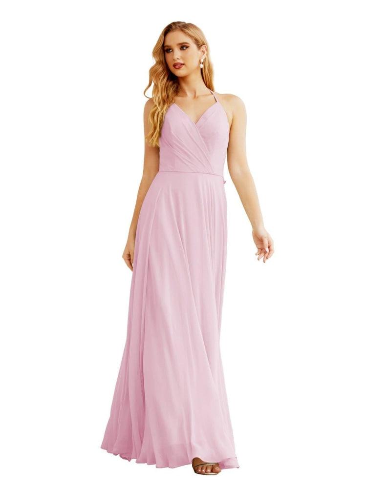 NumberSea - Women's Halter Chiffon Bridesmaid Dresses Wedding Apparel Long Sleeveless Formal Prom Dress with Ruffled Back SEA28035