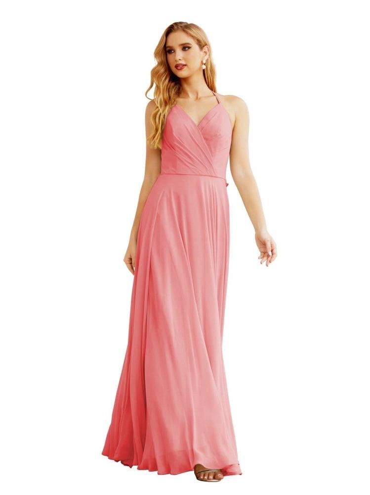 NumberSea - Women's Halter Chiffon Bridesmaid Dresses Wedding Apparel Long Sleeveless Formal Prom Dress with Ruffled Back SEA28035