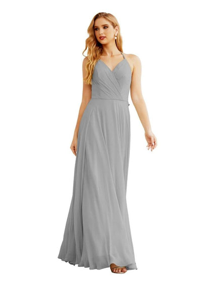 NumberSea - Women's Halter Chiffon Bridesmaid Dresses Wedding Apparel Long Sleeveless Formal Prom Dress with Ruffled Back SEA28035