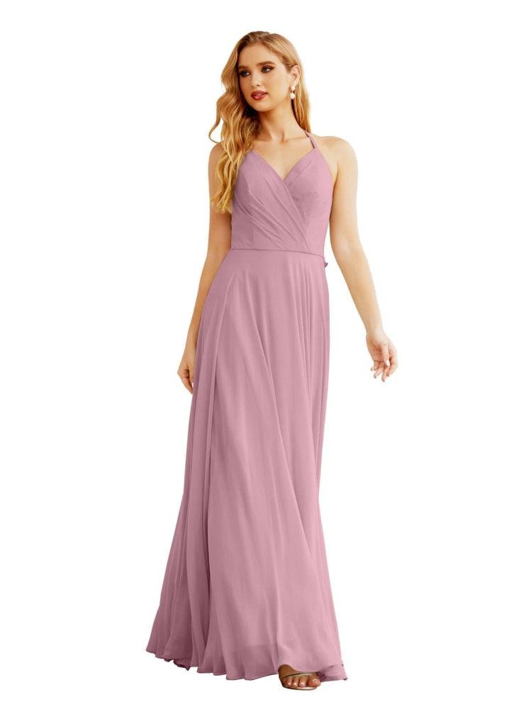 NumberSea - Women's Halter Chiffon Bridesmaid Dresses Wedding Apparel Long Sleeveless Formal Prom Dress with Ruffled Back SEA28035