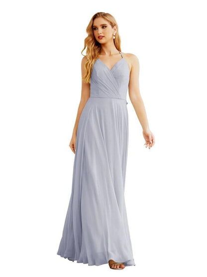 NumberSea - Women's Halter Chiffon Bridesmaid Dresses Wedding Apparel Long Sleeveless Formal Prom Dress with Ruffled Back SEA28035