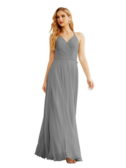 NumberSea - Women's Halter Chiffon Bridesmaid Dresses Wedding Apparel Long Sleeveless Formal Prom Dress with Ruffled Back SEA28035