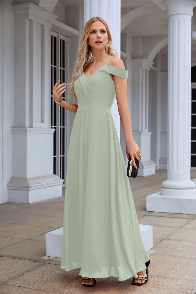 Women's thin strap off the shoulder bridesmaid mopping the floor evening dress 28093-numbersea