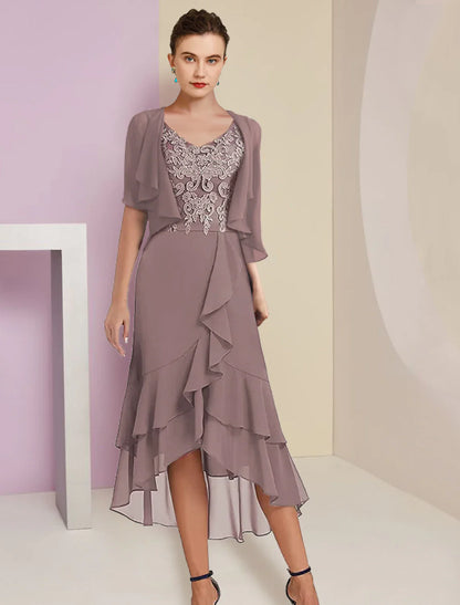 Zweiteiliges A-Linien-Kleid für die Mutter der Braut, formelle Herbsthochzeitsgäste, elegant, hoher V-Ausschnitt, asymmetrische Wadenlänge, Chiffonspitze, kurze Ärmel, 3/4-Ärmel, Wickelärmel mit Applikationen enthalten