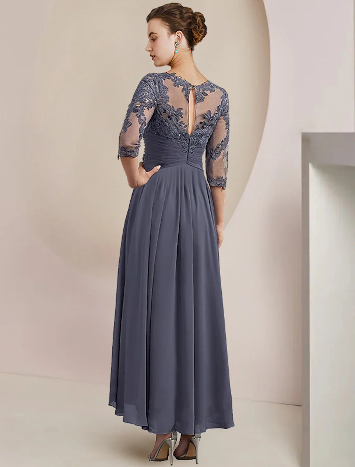 Two Piece A-Line Mother of the Bride Dress Formal Wedding Guest Elegant Scoop Neck Tea Length Chiffon Lace 3/4 Length Sleeve Wrap Included with Appliques Ruching