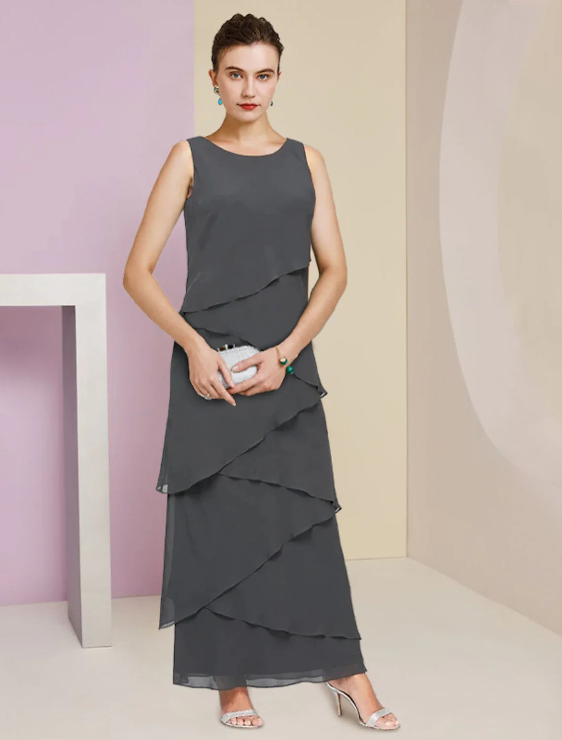 Sheath / Column Mother of the Bride Dress Formal Wedding Guest Elegant Scoop Neck Ankle Length Chiffon Sleeveless Wrap Included with Cascading Ruffles