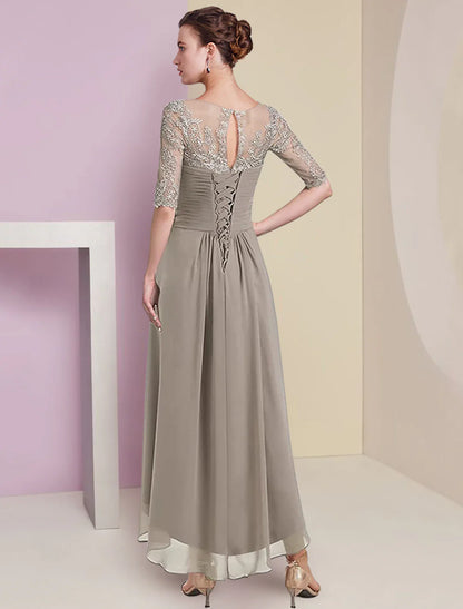 Zweiteiliges A-Linien-Kleid für die Mutter der Braut, formeller Hochzeitsgast, eleganter High-Low-V-Ausschnitt, asymmetrische knielange Chiffon-Spitze, halbe Ärmel, Wickelkleid inklusive gerüschter Applikationen