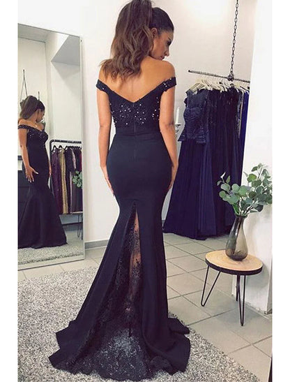 Mermaid / Trumpet Prom Dresses Sexy Dress Formal Prom Court Train Sleeveless Off Shoulder Stretch Fabric V Back with Beading Appliques