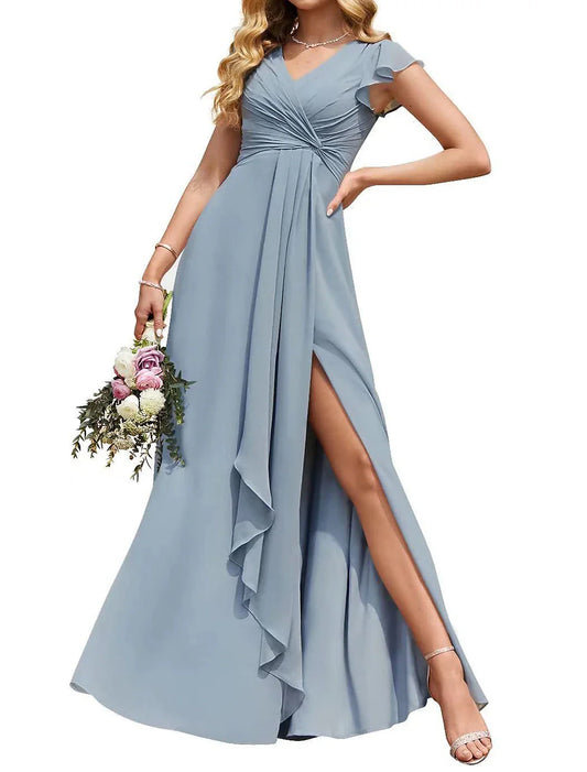 Women's V Neck Chiffon Bridesmaid Dresses Long with Slit Ruffled Sleeve Empire Waist Formal Dress with Pockets