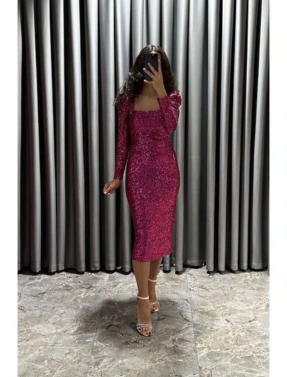 Sheath / Column Evening Gown Elegant Dress Formal Fall Tea Length Long Sleeve Square Neck Sequined with Glitter Slit