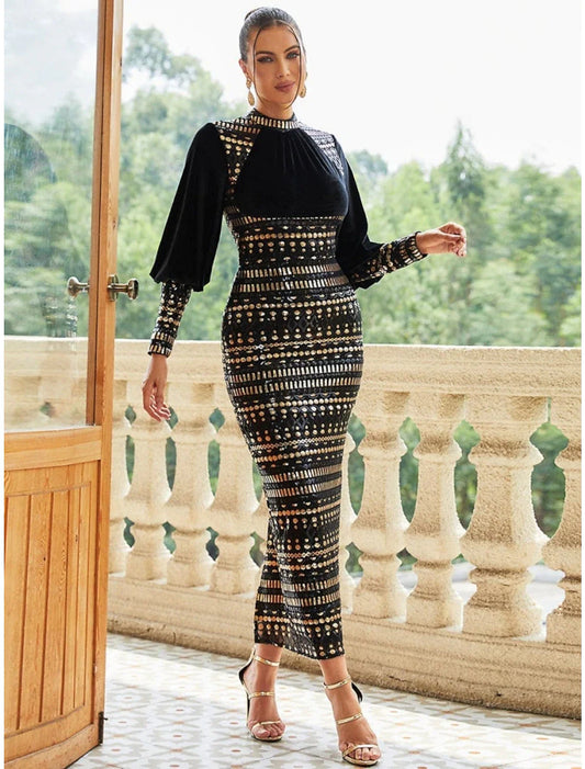 Sheath / Column Evening Gown Black Elegant Dress Formal Fall Ankle Length Long Sleeve High Neck Stretch Fabric with Sequin