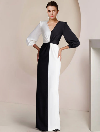 Sheath / Column Mother of the Bride Dress Formal Wedding Guest Party Elegant V Neck Floor Length Stretch Satin 3/4 Length Sleeve with Color Block