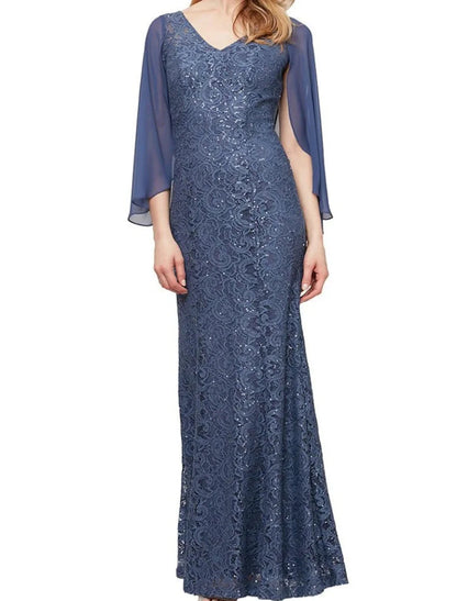 Sheath / Column Mother of the Bride Dress Wedding Guest Elegant V Neck Ankle Length Chiffon Lace 3/4 Length Sleeve with Sequin Ruching Solid Color