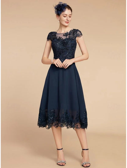 Wedding Guest Elegant Petite Scoop Neck Tea Length Chiffon Lace Cap Sleeve with Sequin Solid Color Mother of the Bride Dress&nbsp;