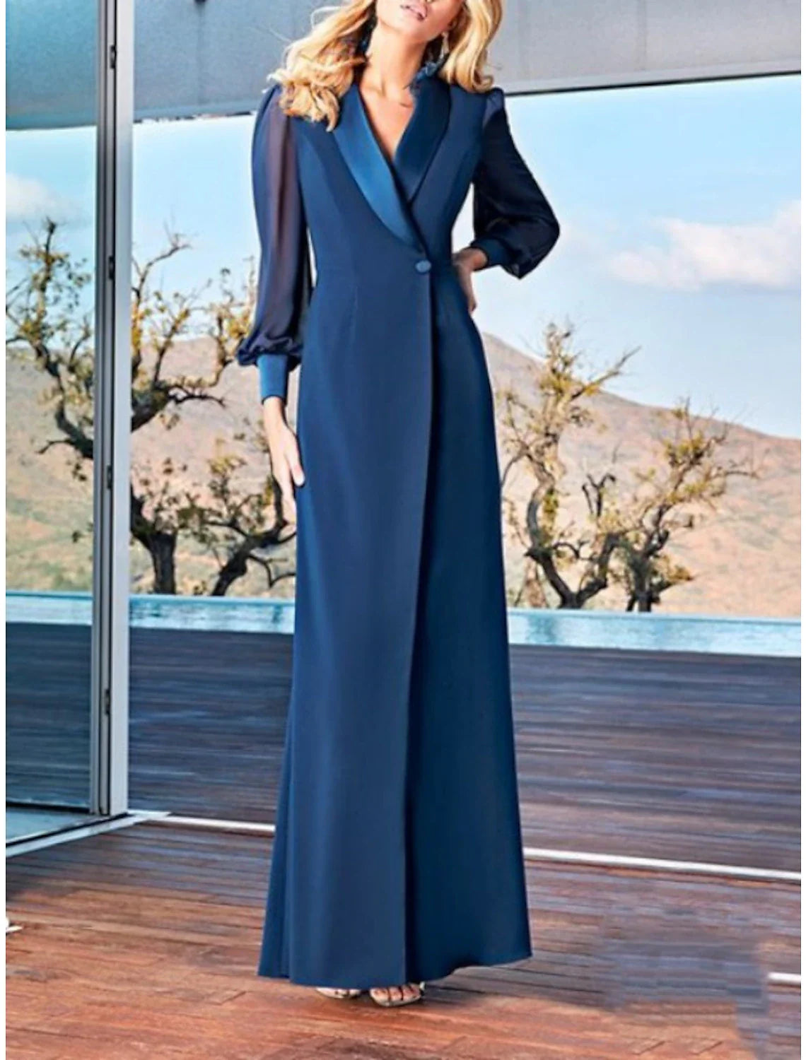 Sheath / Column Mother of the Bride Dress Wedding Guest Party Simple Elegant V Neck Ankle Length Chiffon Long Sleeve with Solid Color