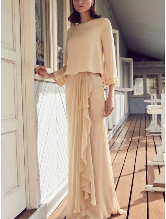 Sheath / Column Mother of the Bride Dress Wedding Guest Simple Elegant Scoop Neck Floor Length Chiffon Long Sleeve with Pleats Ruffles