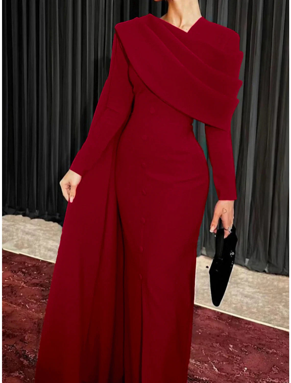 Sheath / Column Red Black Christmas Red Green Dress Evening Gown Elegant Cape Dress Formal Fall Sweep / Brush Train Long Sleeve Cowl Neck Stretch Fabric with Buttons Slit