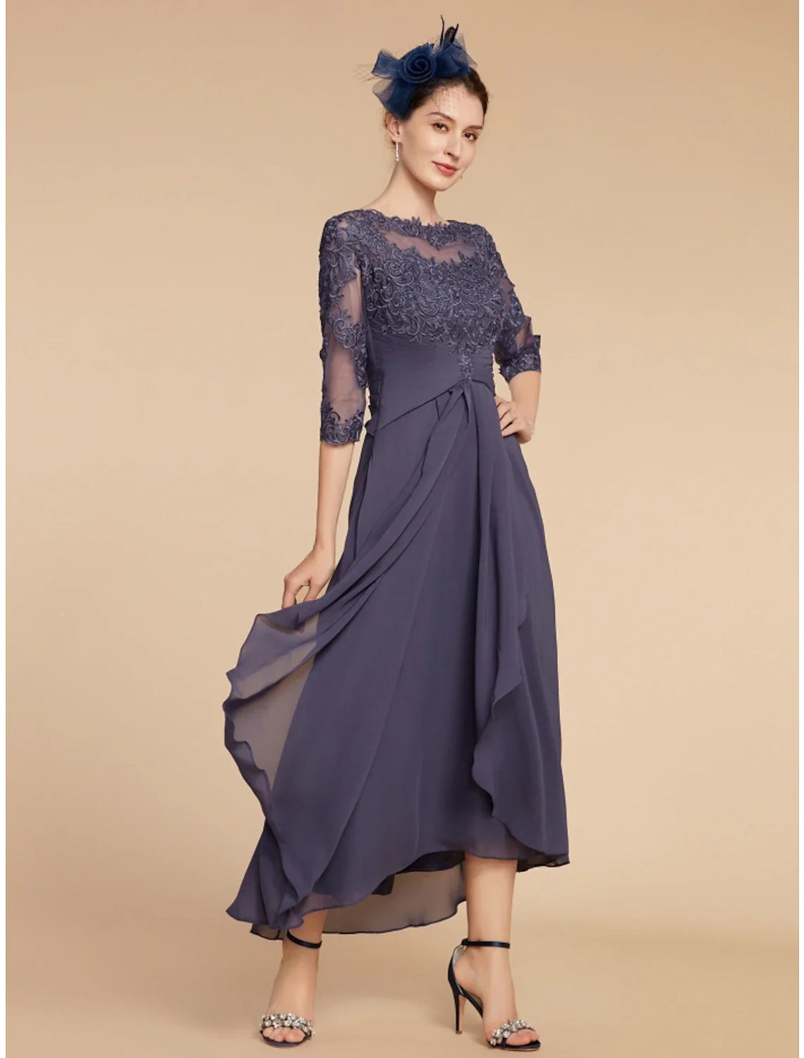 Numbersea A-Line Mother of the Bride Dress Wedding Guest Elegant Scoop Neck Ankle Length Chiffon Lace 3/4 Length Sleeve with Ruching Solid Color