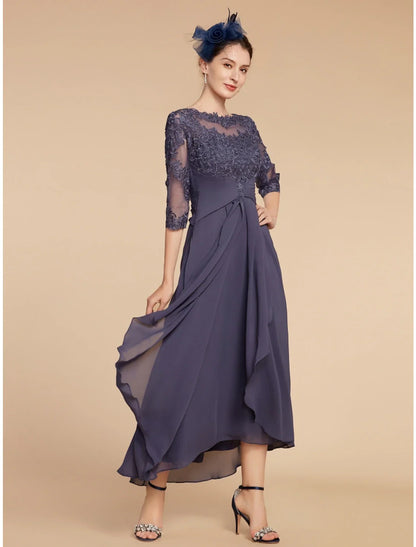 Numbersea A-Line Mother of the Bride Dress Wedding Guest Elegant Scoop Neck Ankle Length Chiffon Lace 3/4 Length Sleeve with Ruching Solid Color