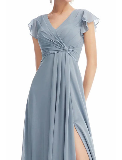 Women's V Neck Chiffon Bridesmaid Dresses Long with Slit Ruffled Sleeve Empire Waist Formal Dress with Pockets