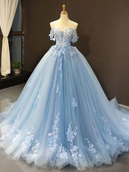 Ball Gown Prom Dresses Floral Dress Quinceanera Court Train Short Sleeve Sweetheart Lace with Pleats Appliques