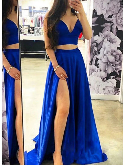 Two Piece Prom Dresses Sexy Dress Formal Wedding Guest Sweep / Brush Train Sleeveless Spaghetti Strap Charmeuse with Bow(s) Slit